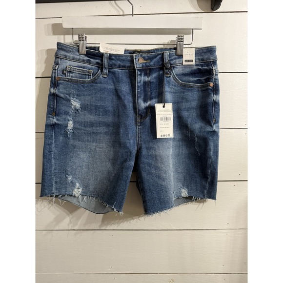 Judy Blue Pants - Judy Blue Denim‎ Jean Shorts Womens Raw Hem Mid Rise Distressed Size Large NWT